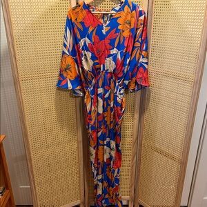 Floral Wide Leg Jumpsuit - Blue and Orange